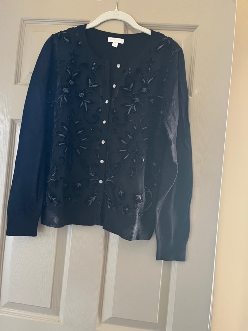 Charter Club Black Embroidered Button-Front Sweater